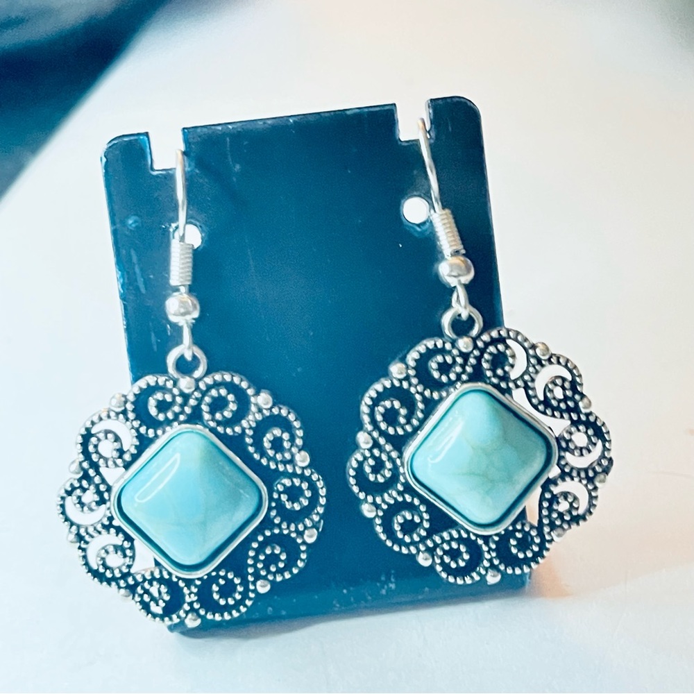 New Handmade Blue Natural Larimar Victorian Tibeten Silver Dangle Earrings - Picture 7 of 9